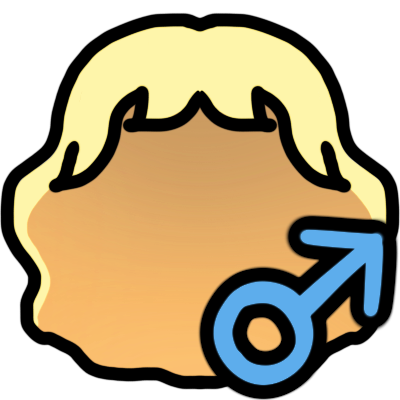 a wavy bob of light blonde hair with some bangs and a small blue mars/male symbol in the corner.